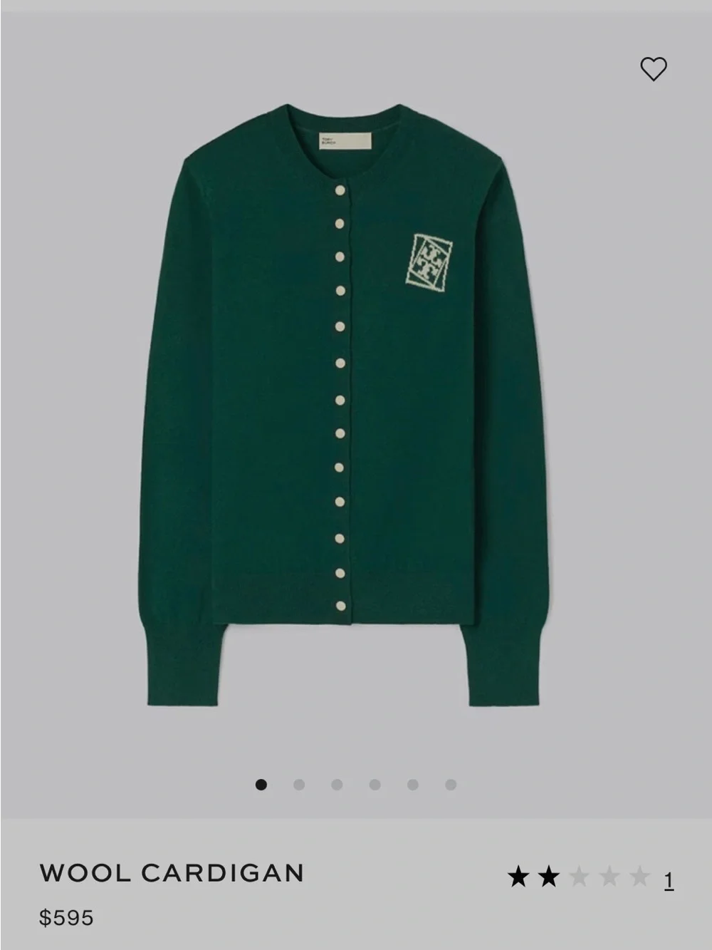 Tory Burch Dark Green Wool Crewneck Cardigan with Logo Patch